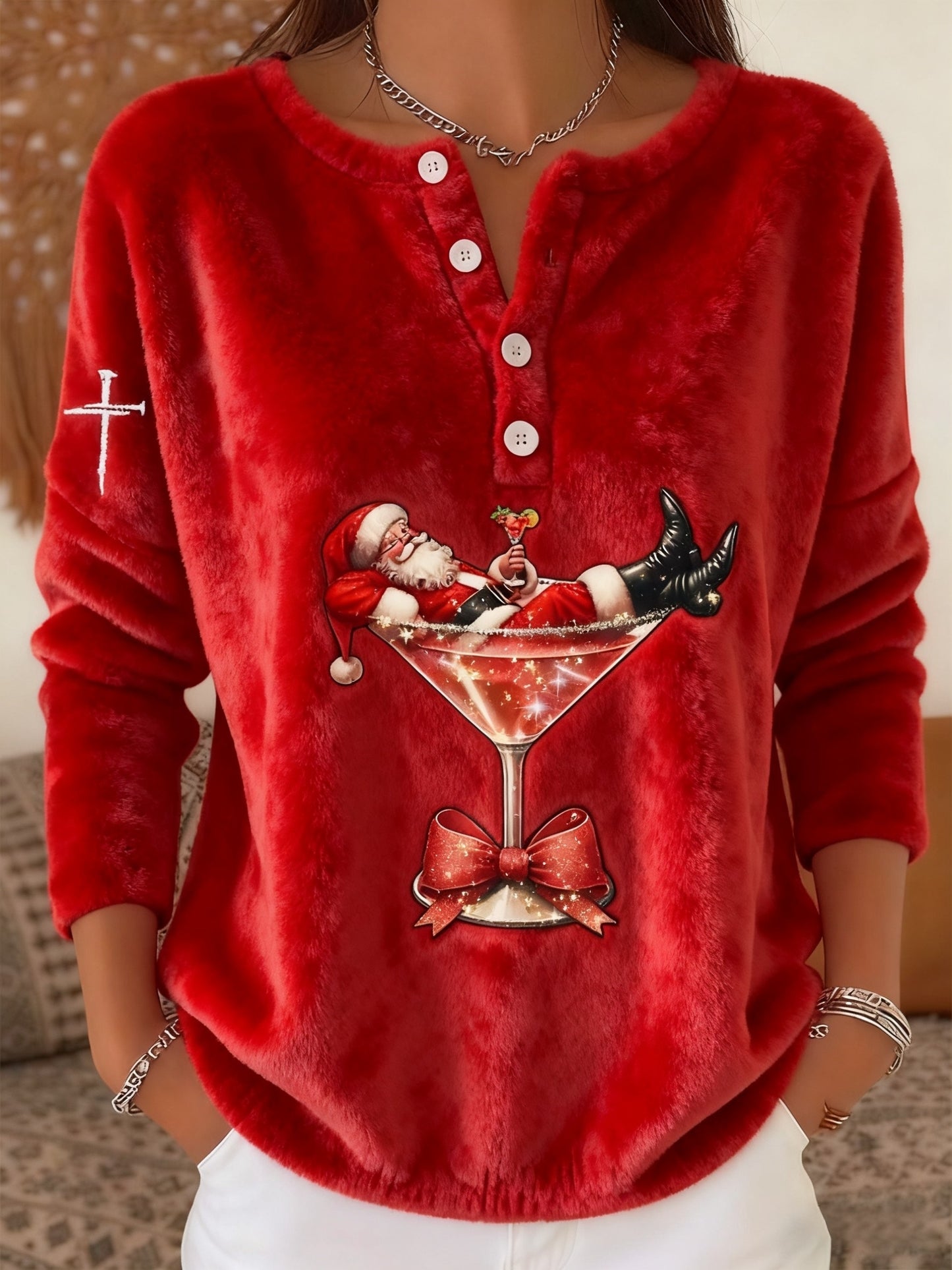 Women's Vintage Christmas Santa Claus Cocktail Faith Print Comfortable Flannel Sweatshirt