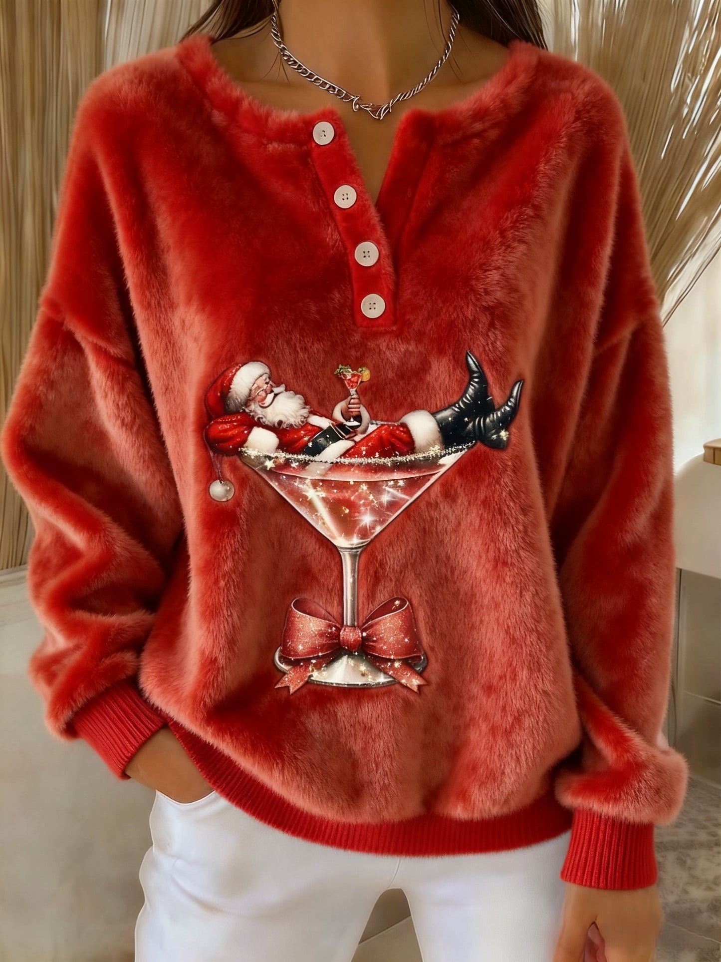 Women's Vintage Christmas Santa Claus Cocktail Print Comfortable Flannel Sweatshirt
