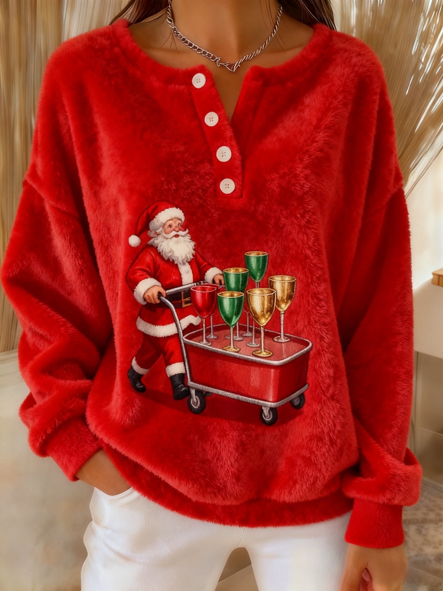Women's Vintage Christmas Santa Claus Cocktail Print Comfortable Flannel Sweatshirt