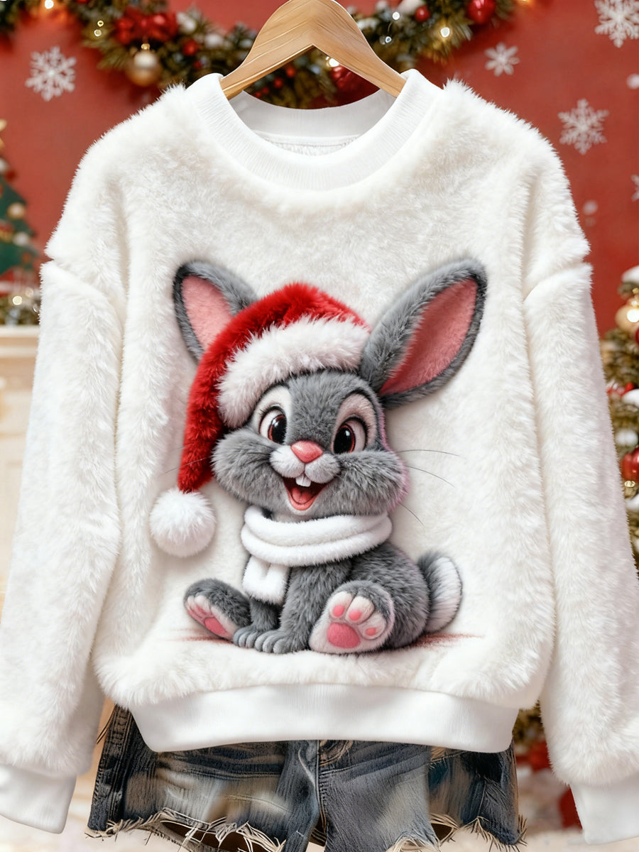 Women's Christmas Cute Pet Printed Long Sleeved Round Neck Plush Sweatshirt