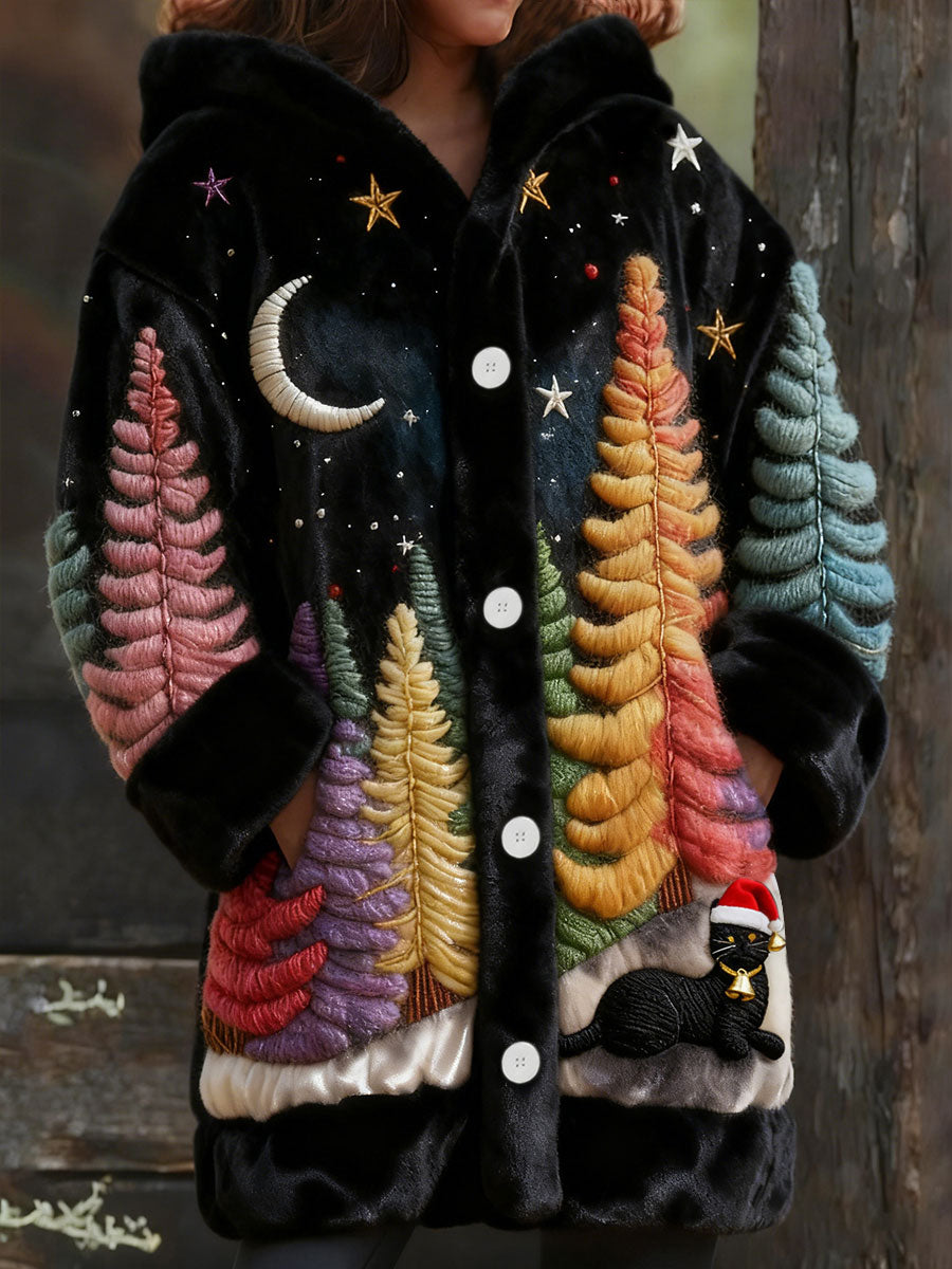 Women's Colorful Christmas Tree and Cute Christmas Black Cat Pattern Warm Cardigan Sweater