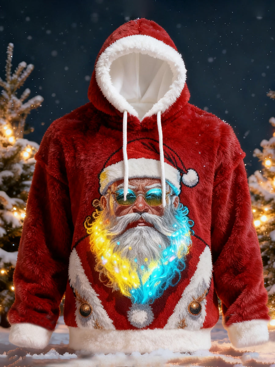 Men's Christmas Santa Claus Print Casual Flannel Hoodie