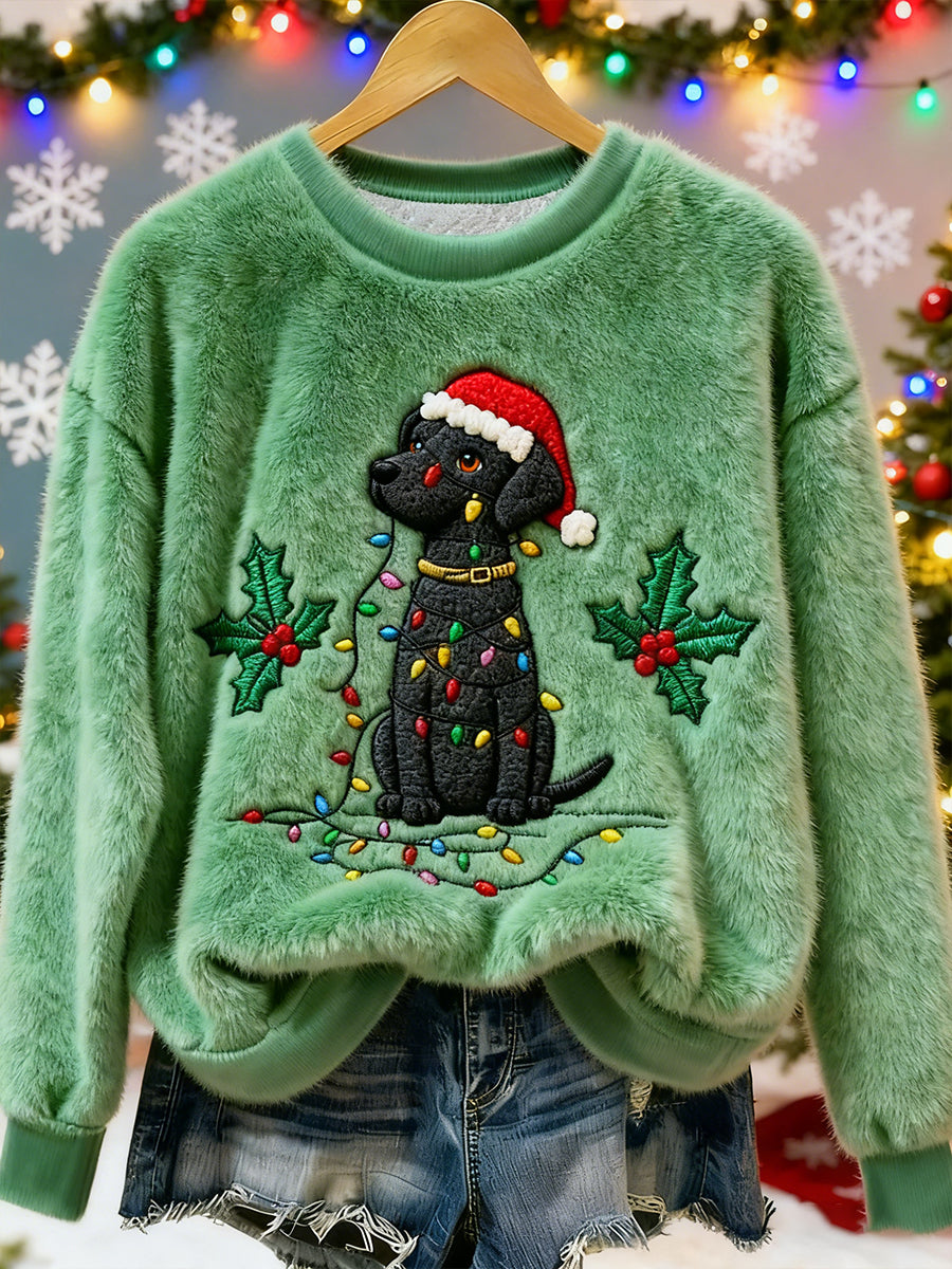 Women's Cute Christmas Black Dog Pattern Flannel Hoodie