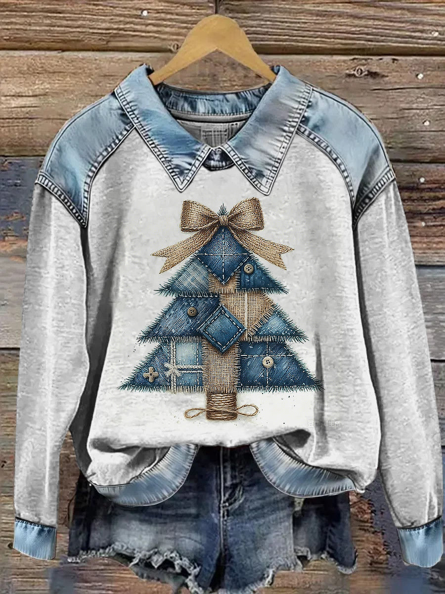 Women's Christmas Tree Printed Denim Patchwork Lapel Long Sleeved Sweatshirt