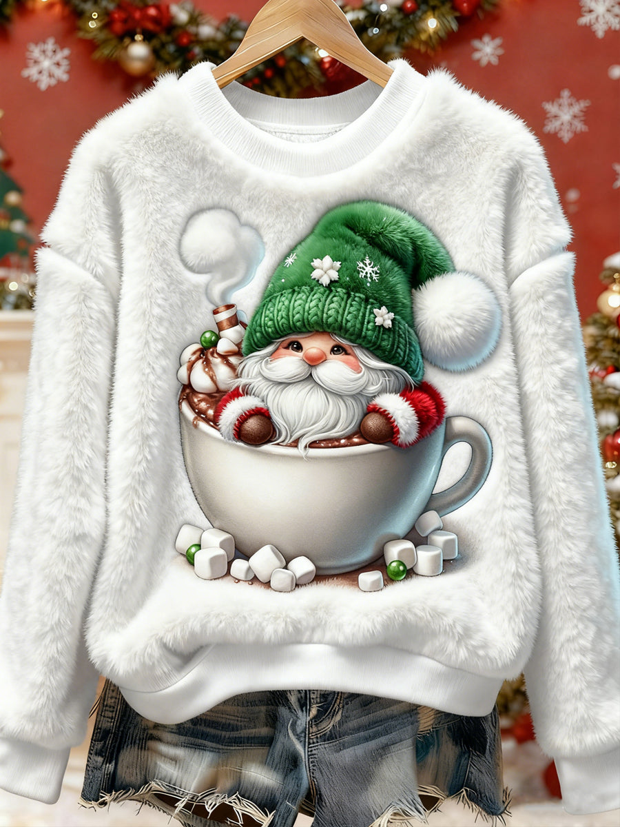 Women's Santa Claus Printed Long Sleeved Round Neck Plush Sweatshirt