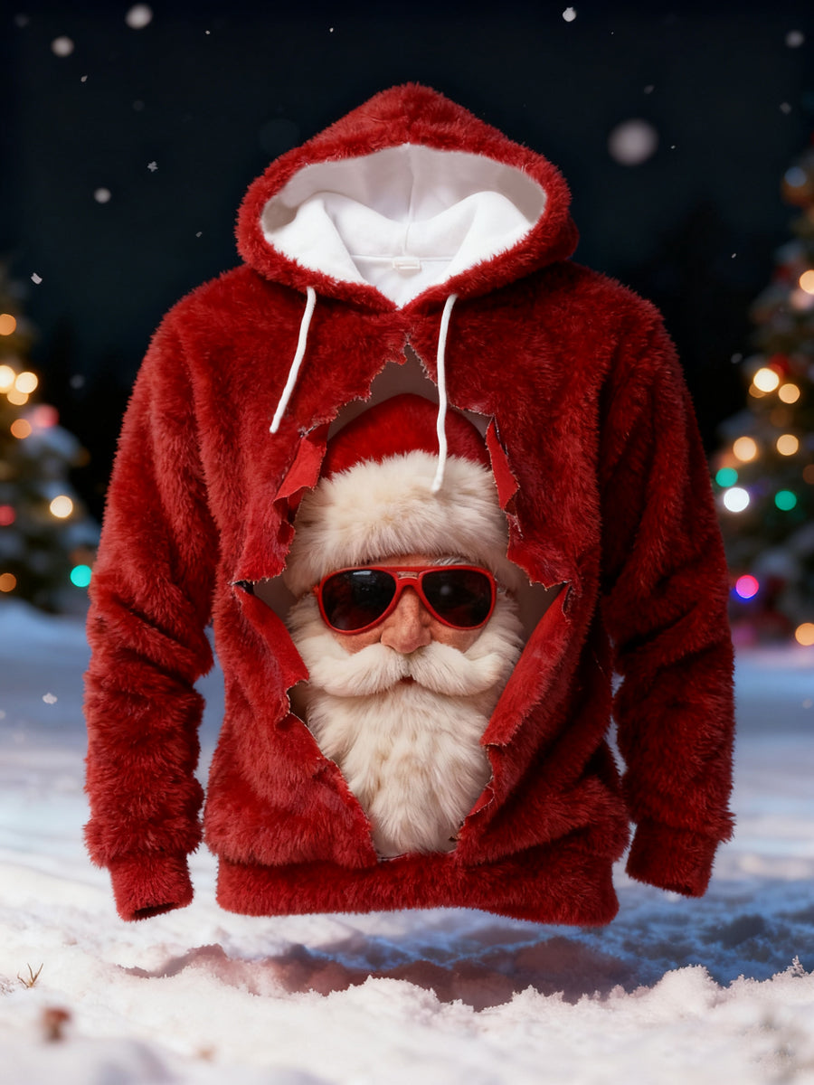 Men's Christmas Santa Claus Print Casual Flannel Hoodie