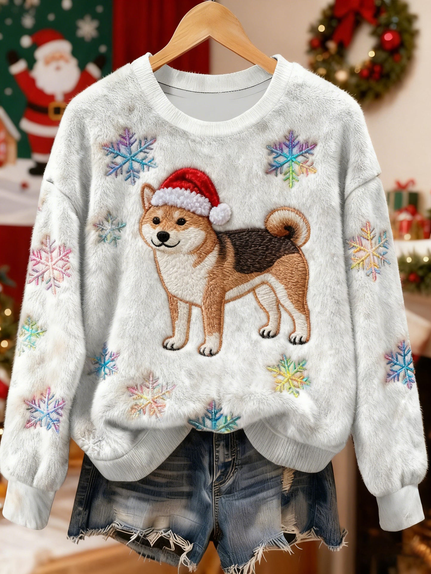 Women's Vintage Christmas Dog Printed Flannel Sweatshirt