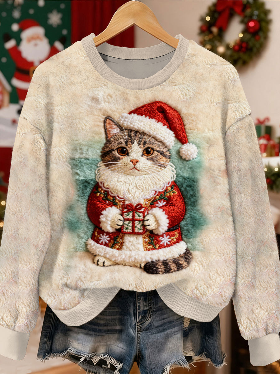 Gorgeous Christmas Cat Pattern Casual Long Sleeved Sweatshirt
