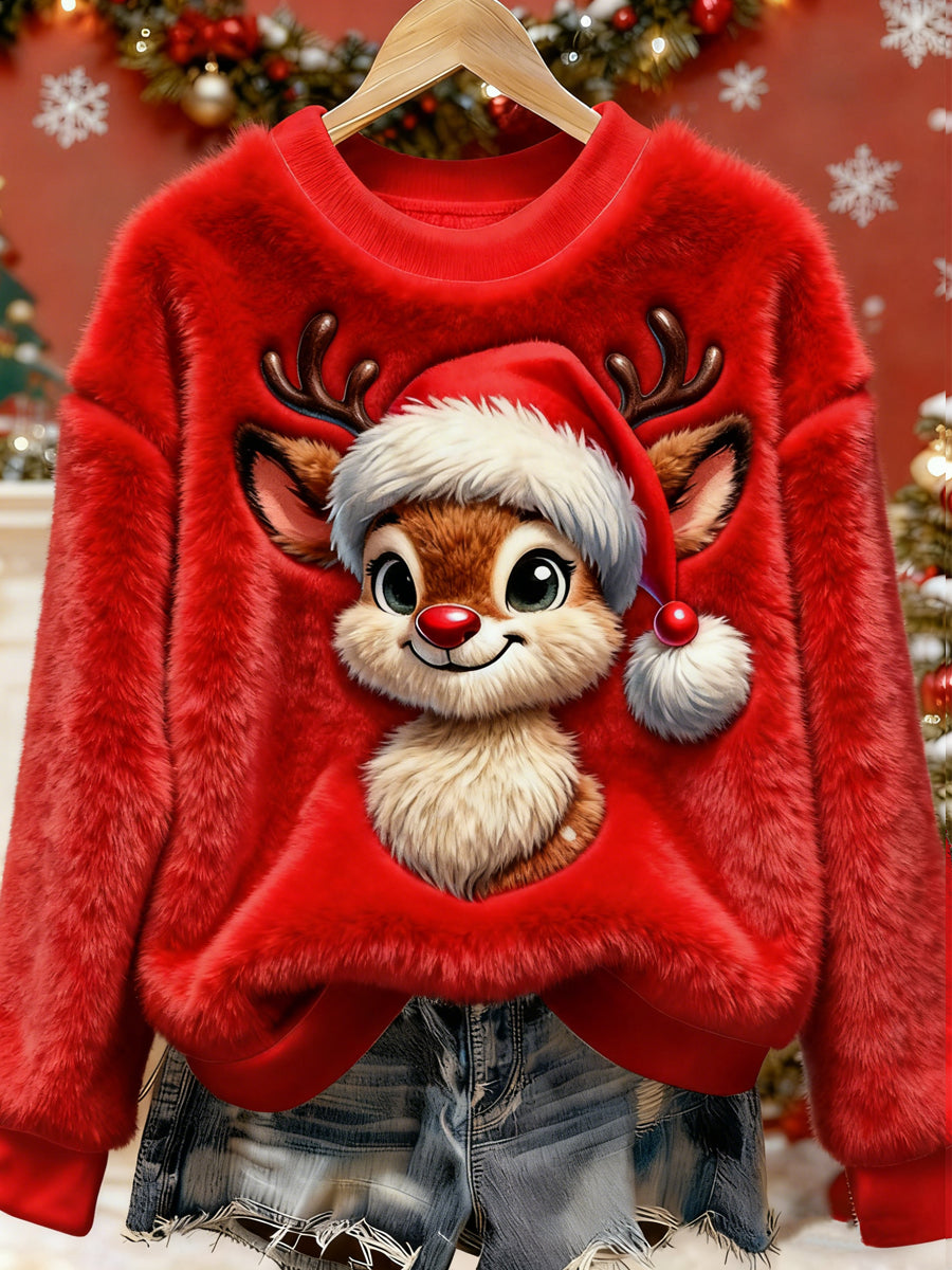 Women's Christmas Reindeer Printed Long Sleeved Round Neck Plush Sweatshirt