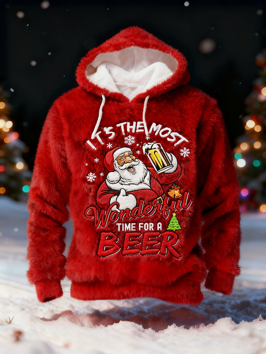 Men's Funny Christmas It‘s The Most Wonderful Time For A Beer Santa Claus Print Casual Flannel Hoodie