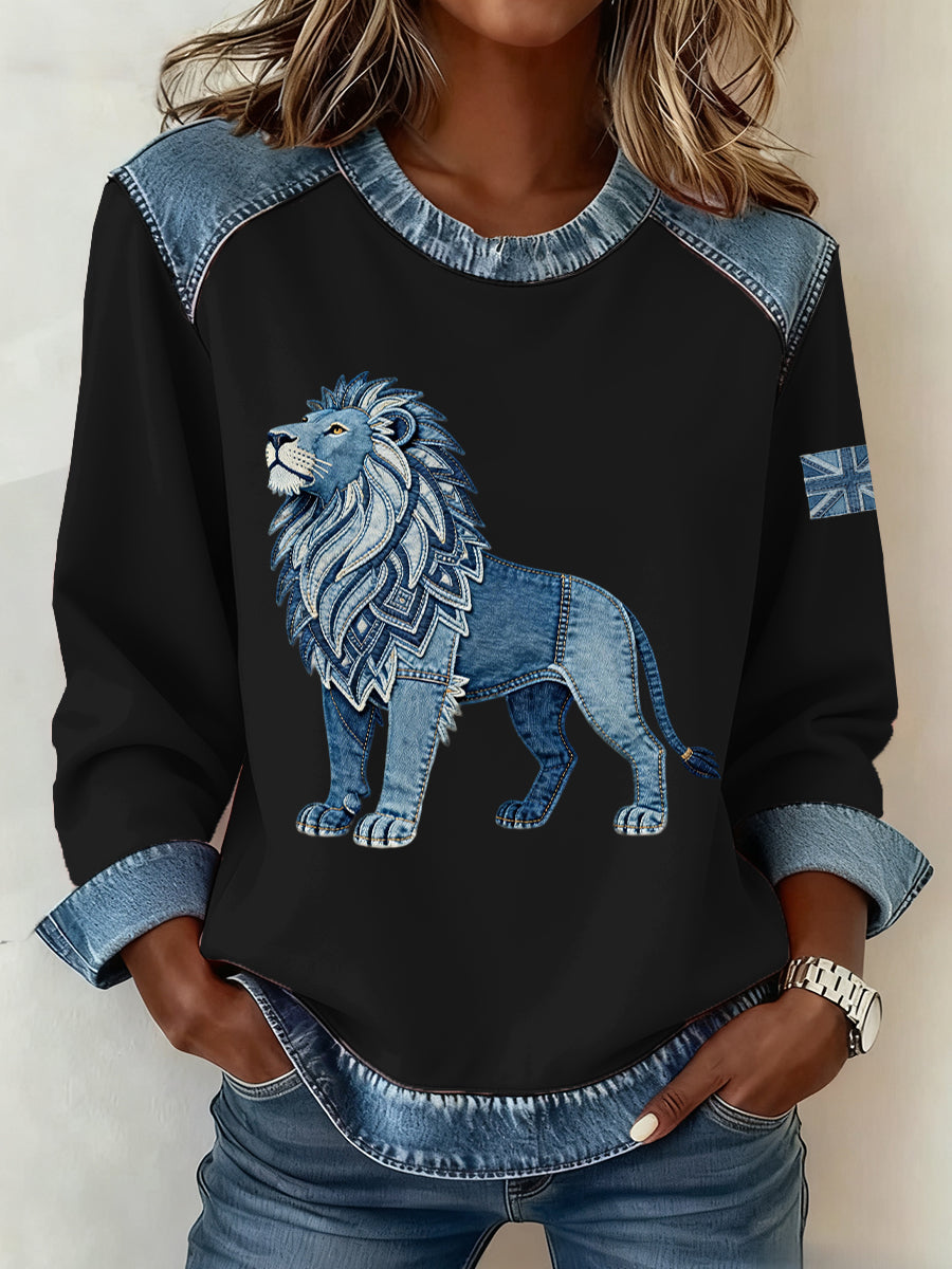 Women's British Style Denim Lion Patchwork Art Sweatshirt