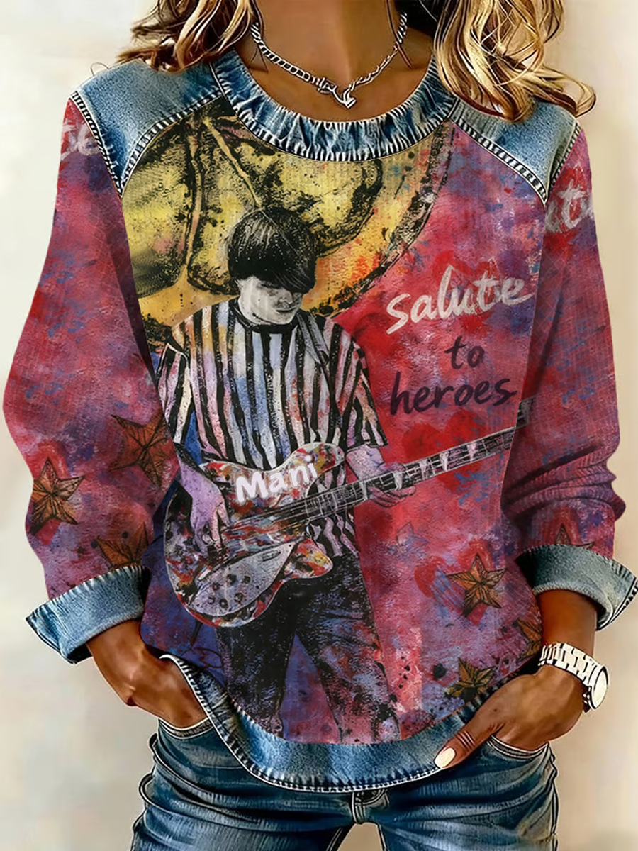 Women's Lemon Roses Music Lover Denim Patchwork Top