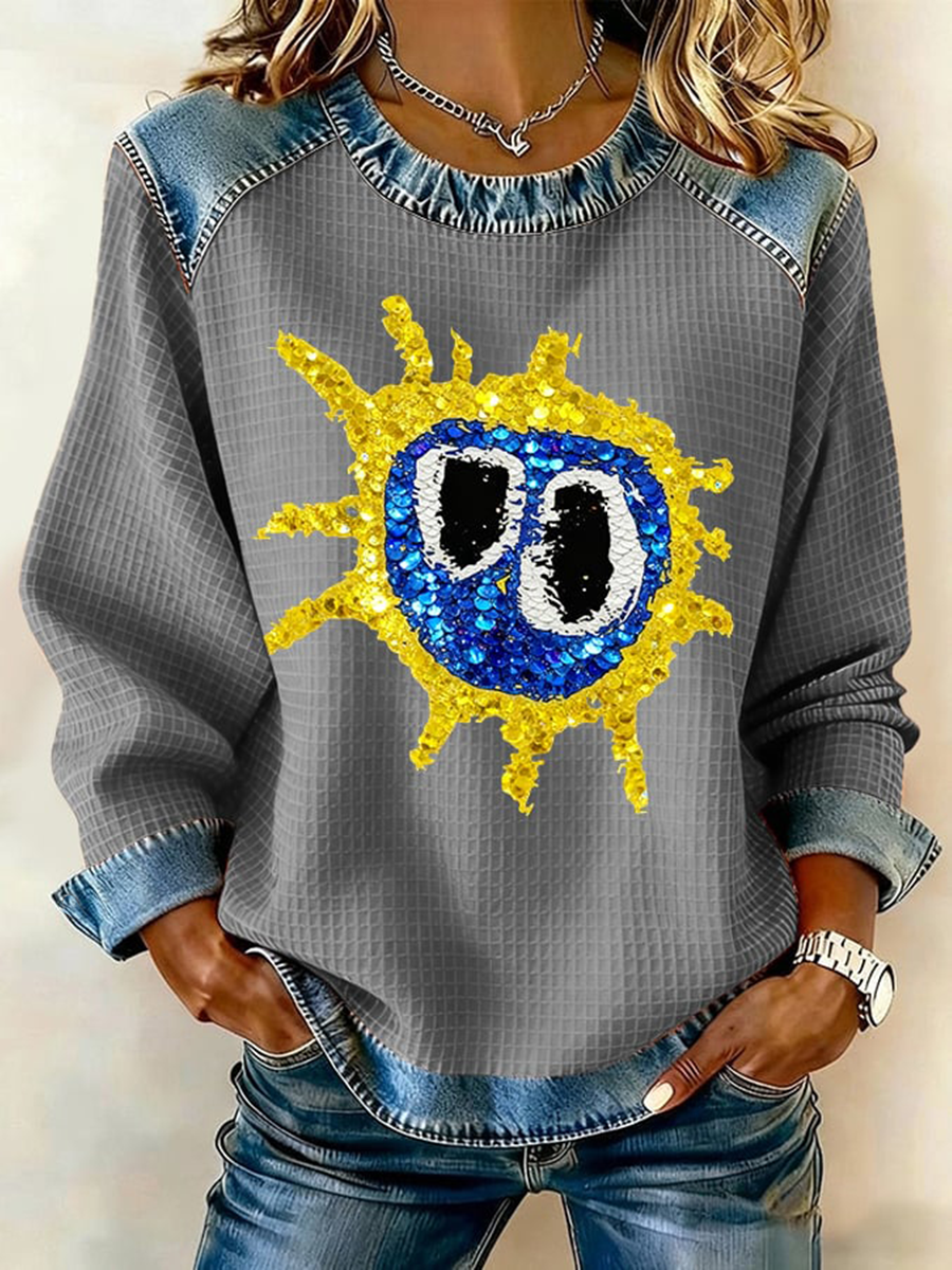 Women's Lemon Roses Music Lover Denim Patchwork Top