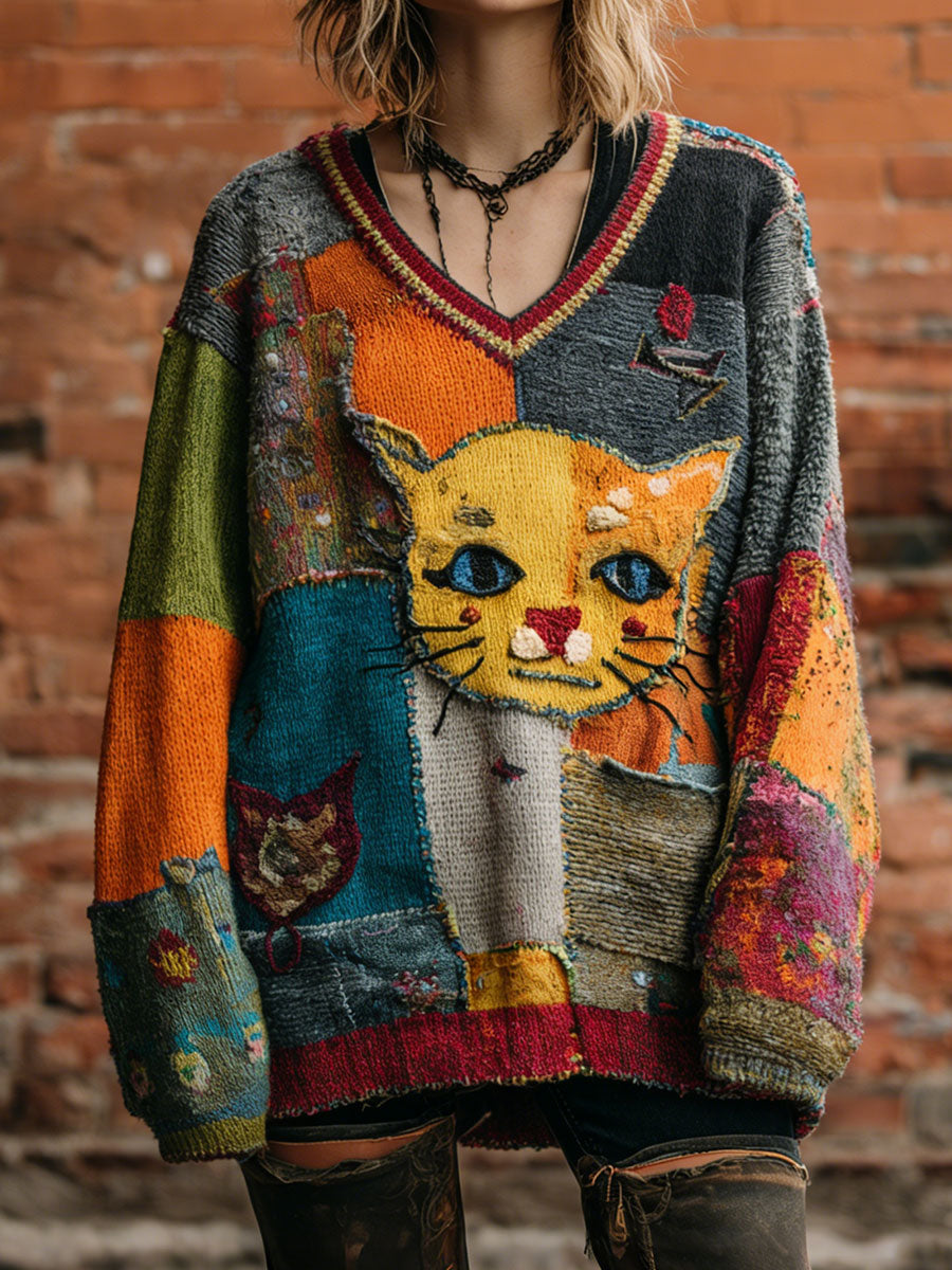 Women's Art Cat Retro V-Neck Tops