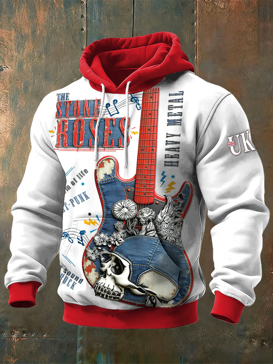 Men's British The Stone Rose Print Patchwork White Hooded Sweatshirt