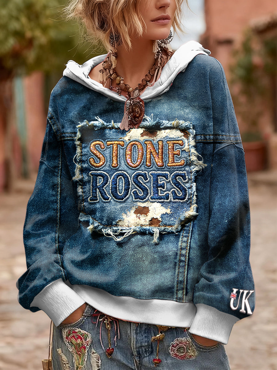 Women's British The Stone Rose Imitation Denim Patchwork Hooded Sweatshirt