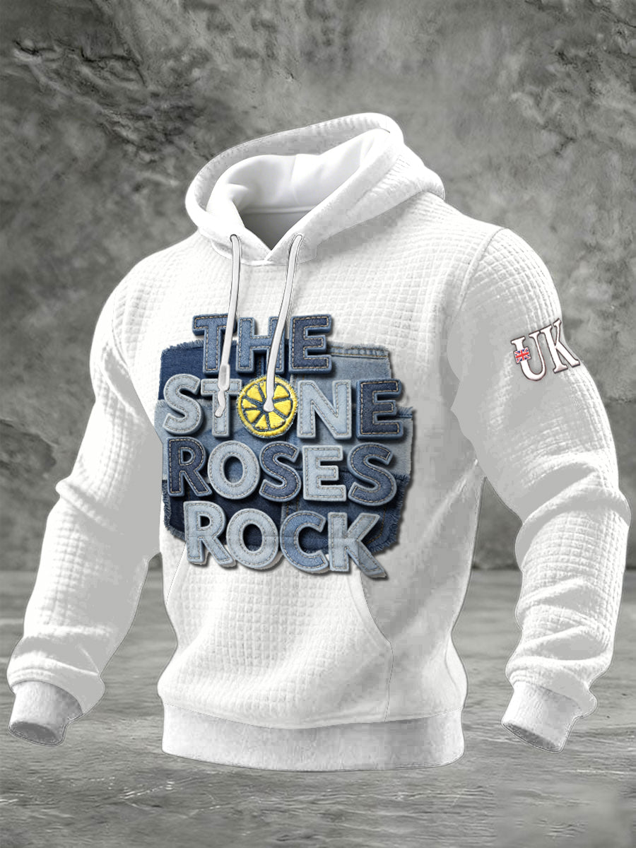 Men's British The Stone Rose Imitation Denim Print Hooded Sweatshirt