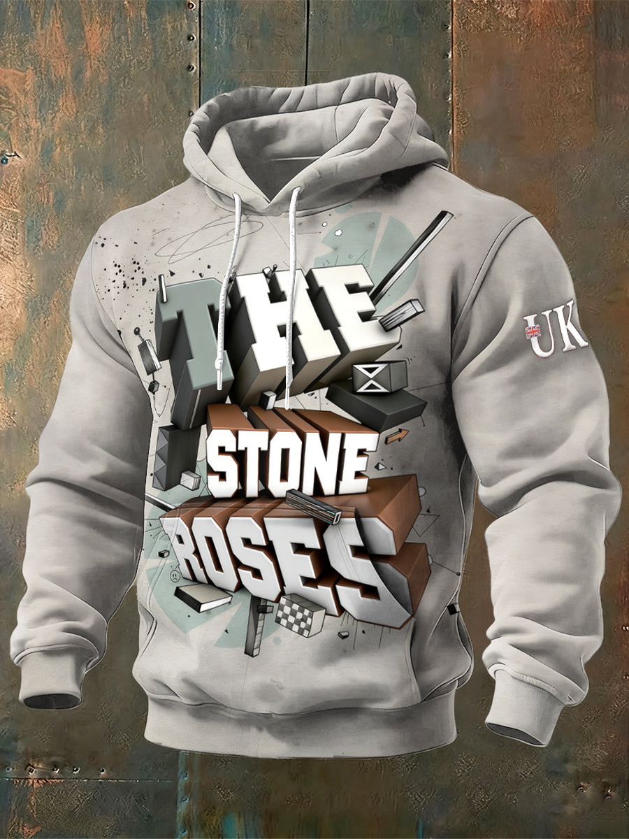 Men's British The Stone Rose Creative Print Khaki Hooded Sweatshirt