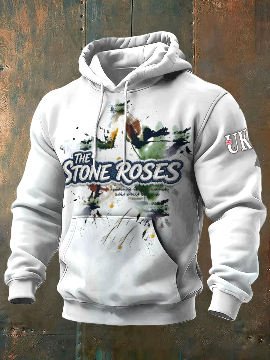 Men's British The Stone Rose Print Grey-White Hooded Sweatshirt