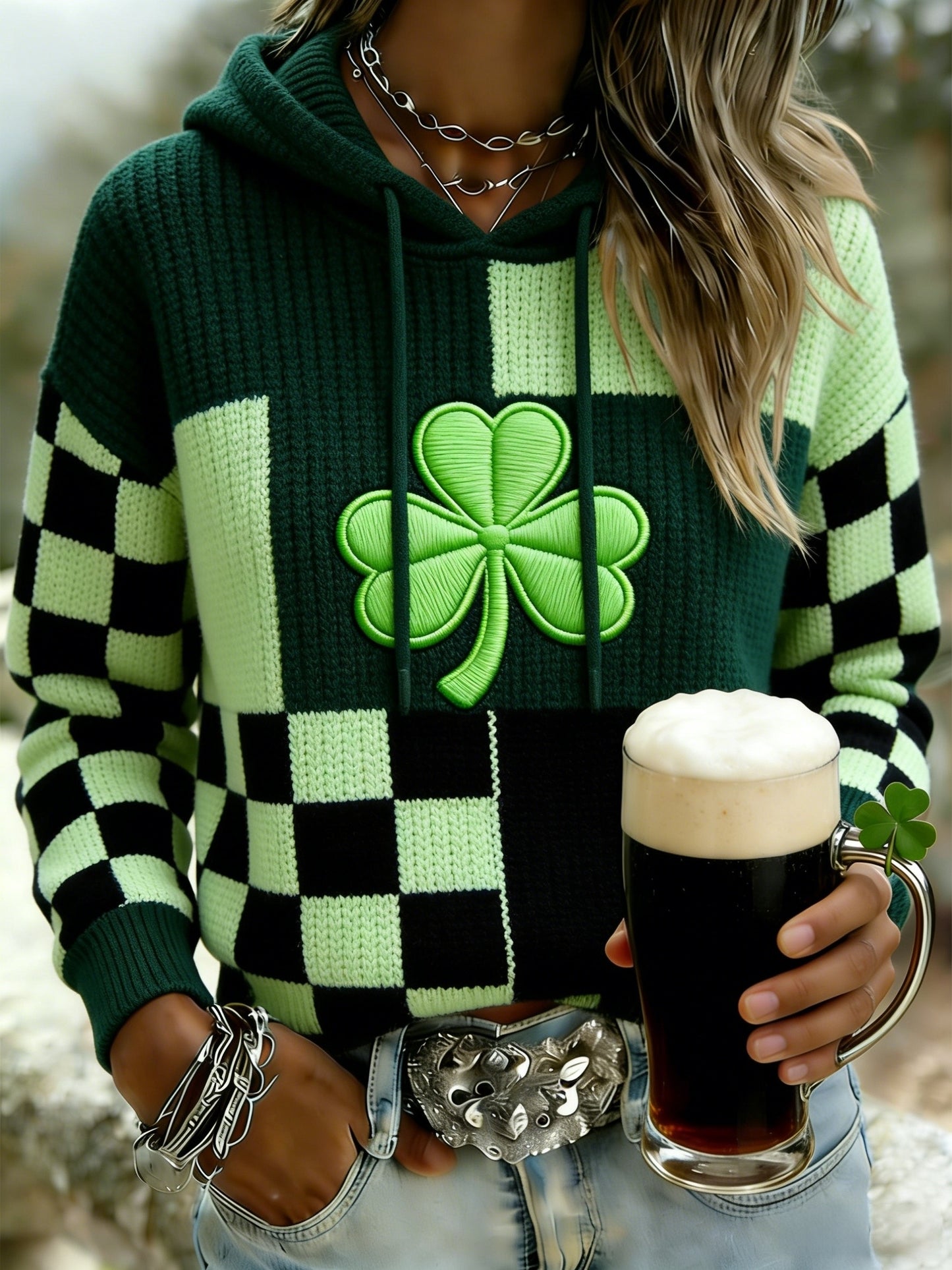 Women's St. Patrick's Day Clover Print Casual Long-Sleeve Hooded Sweatshirt