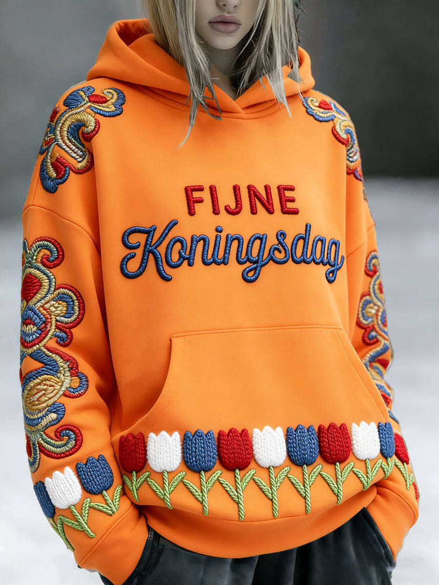 Nederlandse Koningsdag geborduurd 3D-bedrukt oranje sweatshirt met capuchon voor dames
