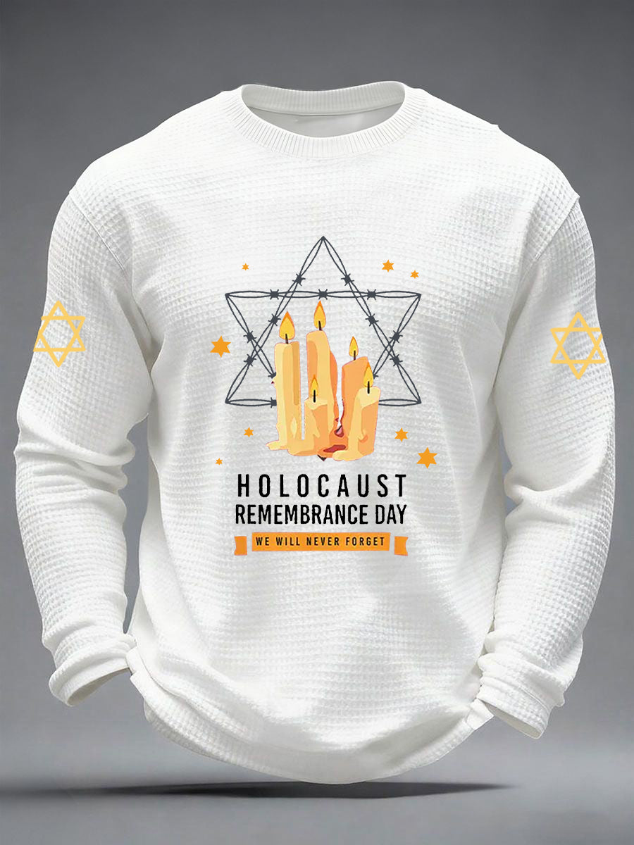 Men's Passover Memorial Candle Never Forget Jewish Remembrance Waffle Long Sleeve T-Shirt