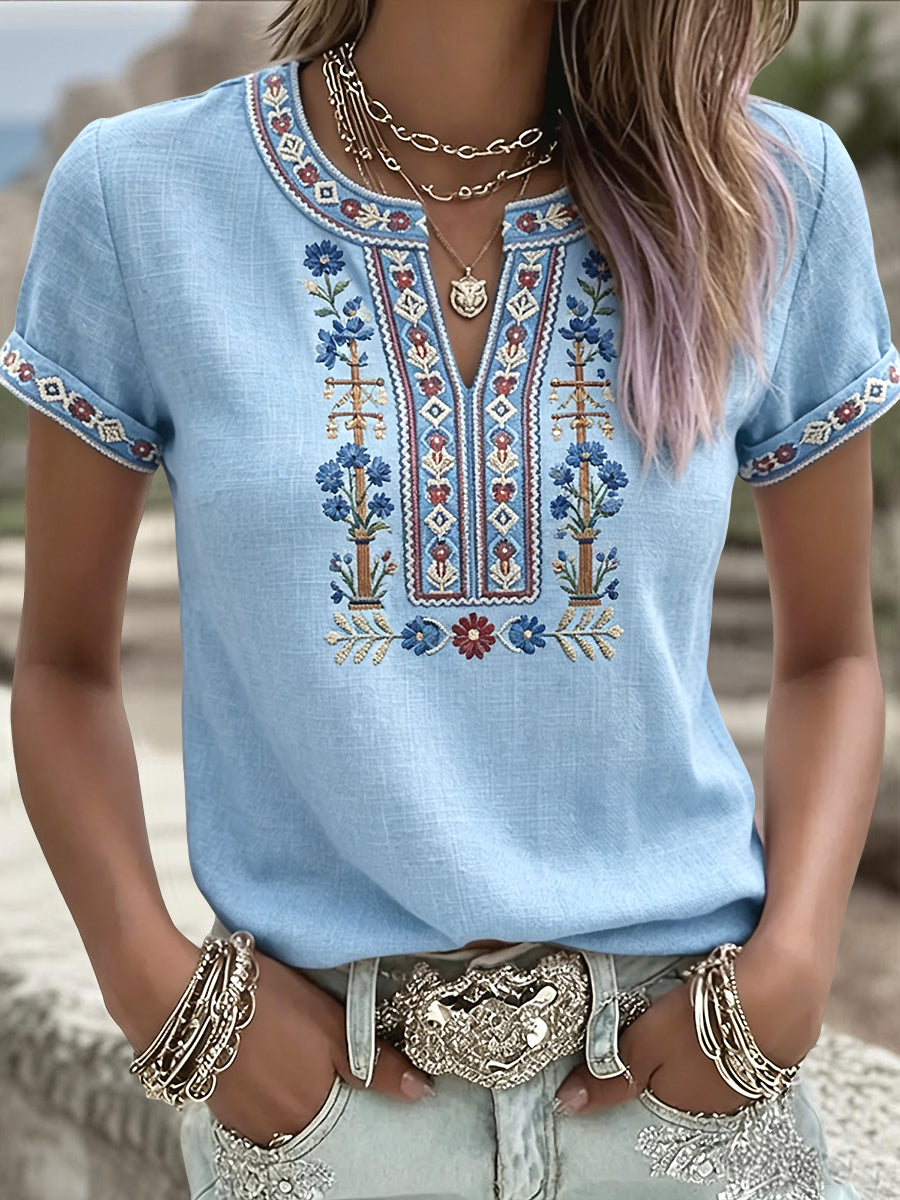 Women's Swedish Midsummer Symmetrical Floral Art Casual V-Neck T-Shirt
