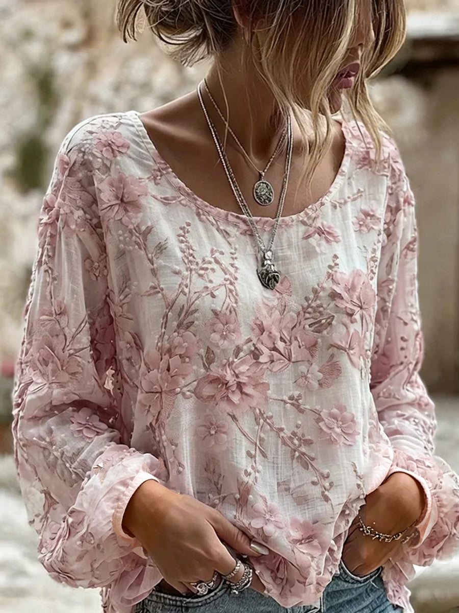 Women's Vintage Floral Art Print Casual Cotton-Linen Top