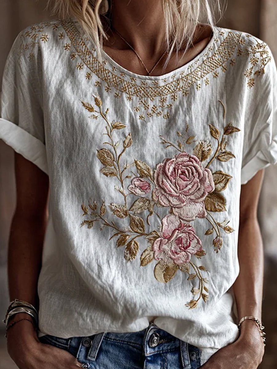 Retro Floral Art Print Casual Cotton-Linen T-Shirt