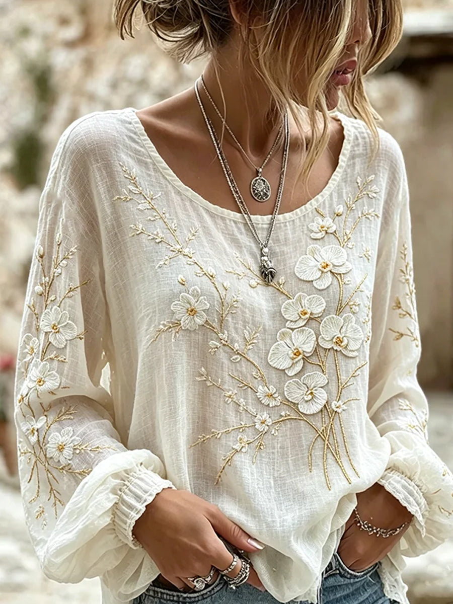 Retro Floral Art Print Casual Cotton-Linen Top