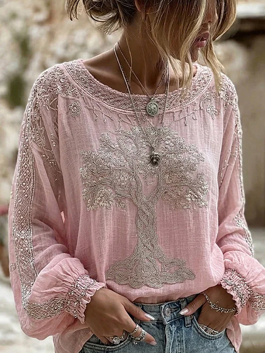 Women's Vintage Floral Art Print Casual Cotton-Linen Top