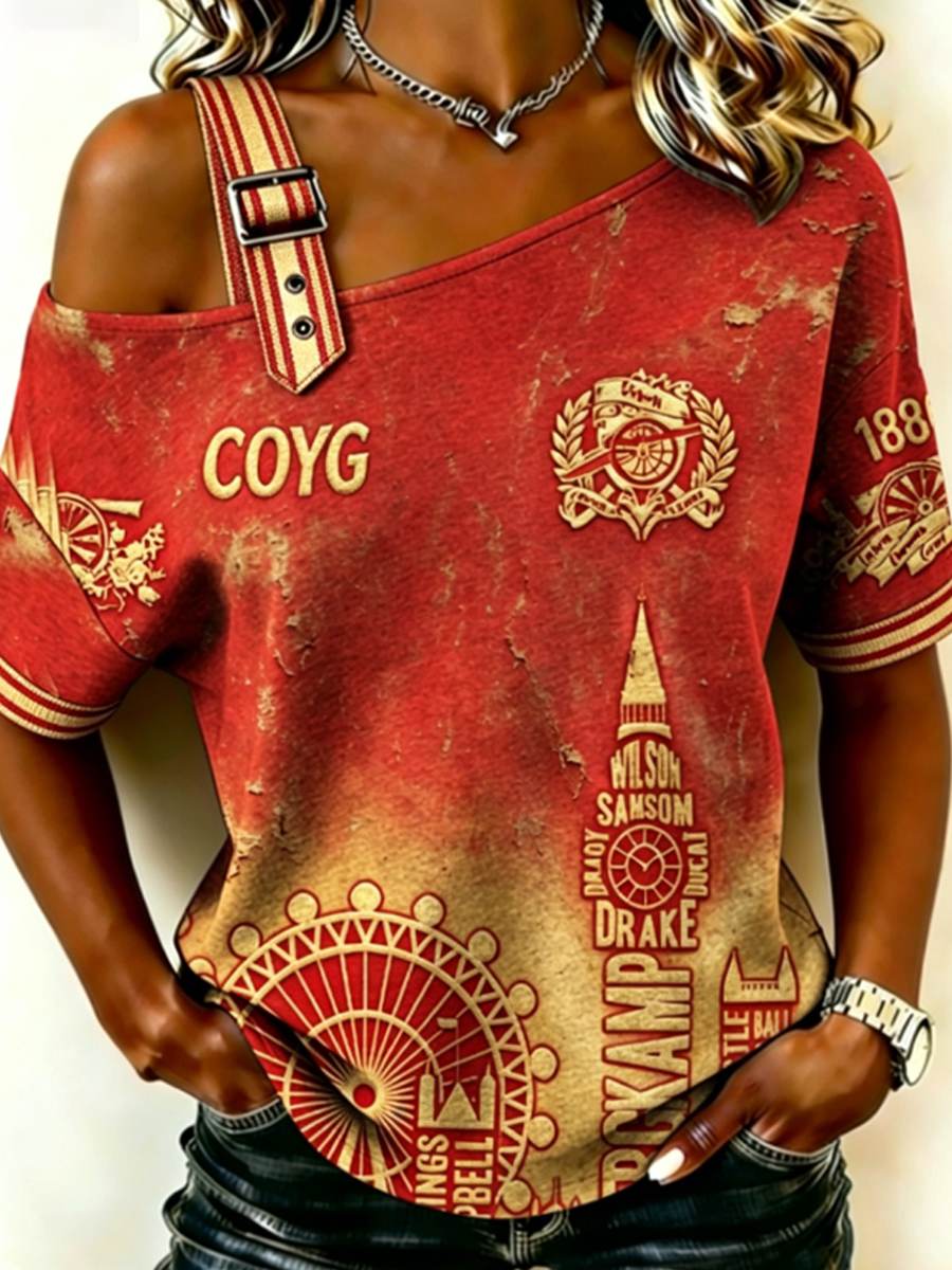Women's RED CITY FOREVER Printed Off-the-Shoulder Short-Sleeve T-Shirt