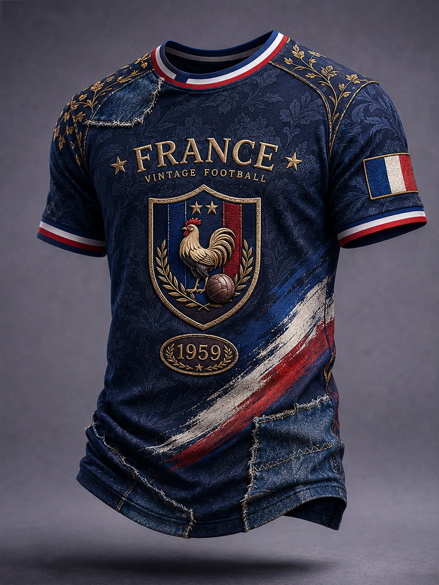 T-shirt décontracté avec impression d’art fan de football français rétro