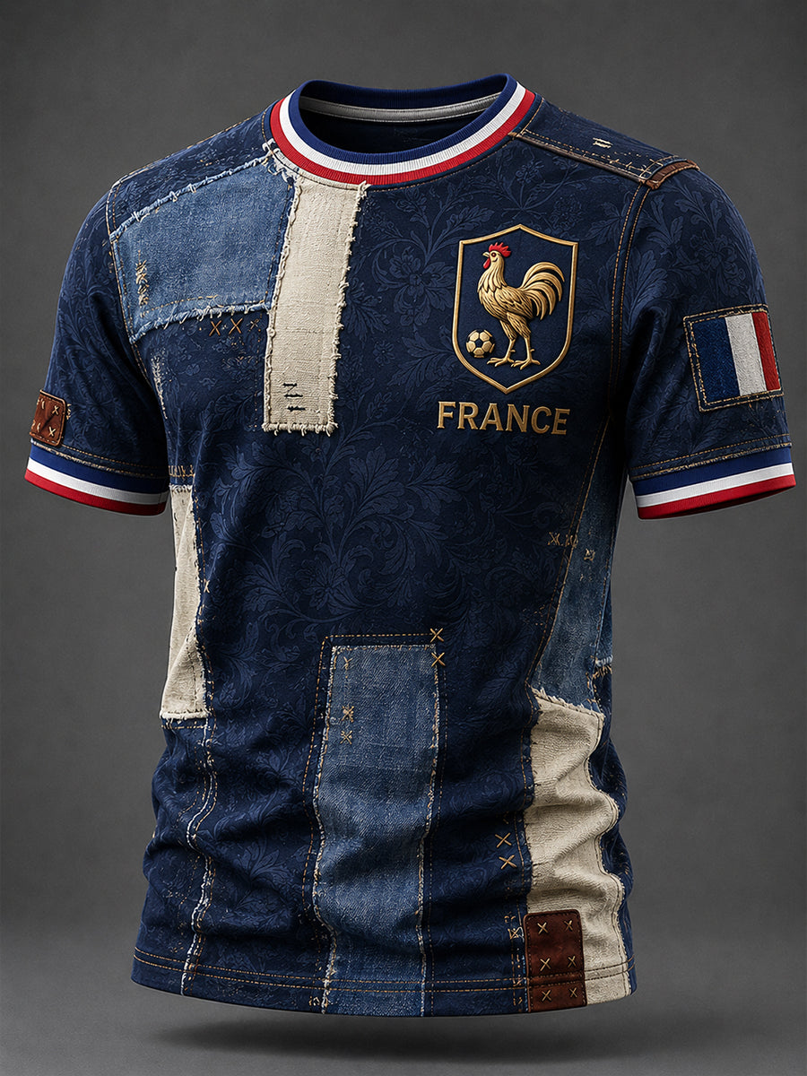 T-shirt décontracté avec impression d’art fan de football français rétro