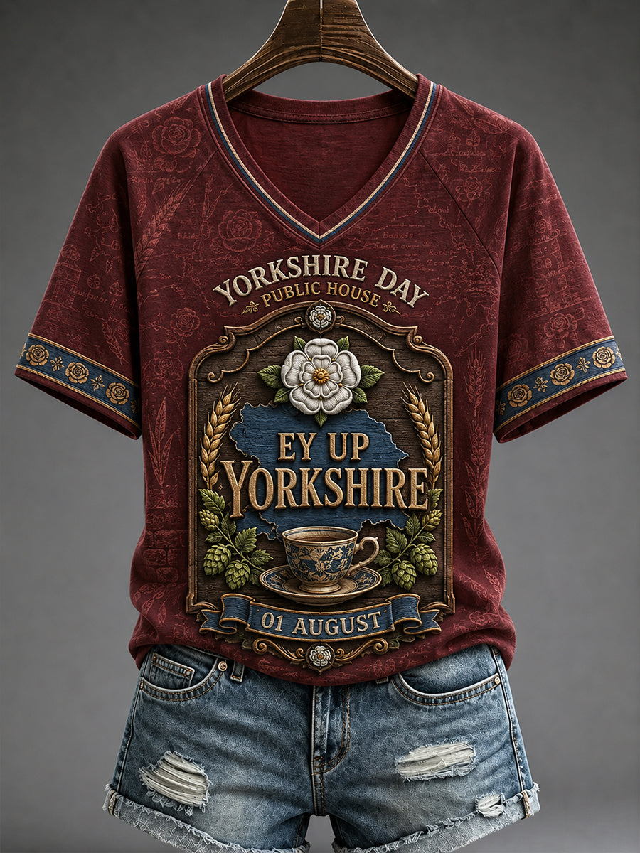 Women's Yorkshire England V-Neck Off-Shoulder Short-Sleeved T-Shirt