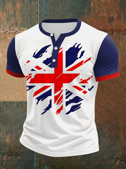 Men’s UK Flag Print Casual Henley Neck Tee Blue / S