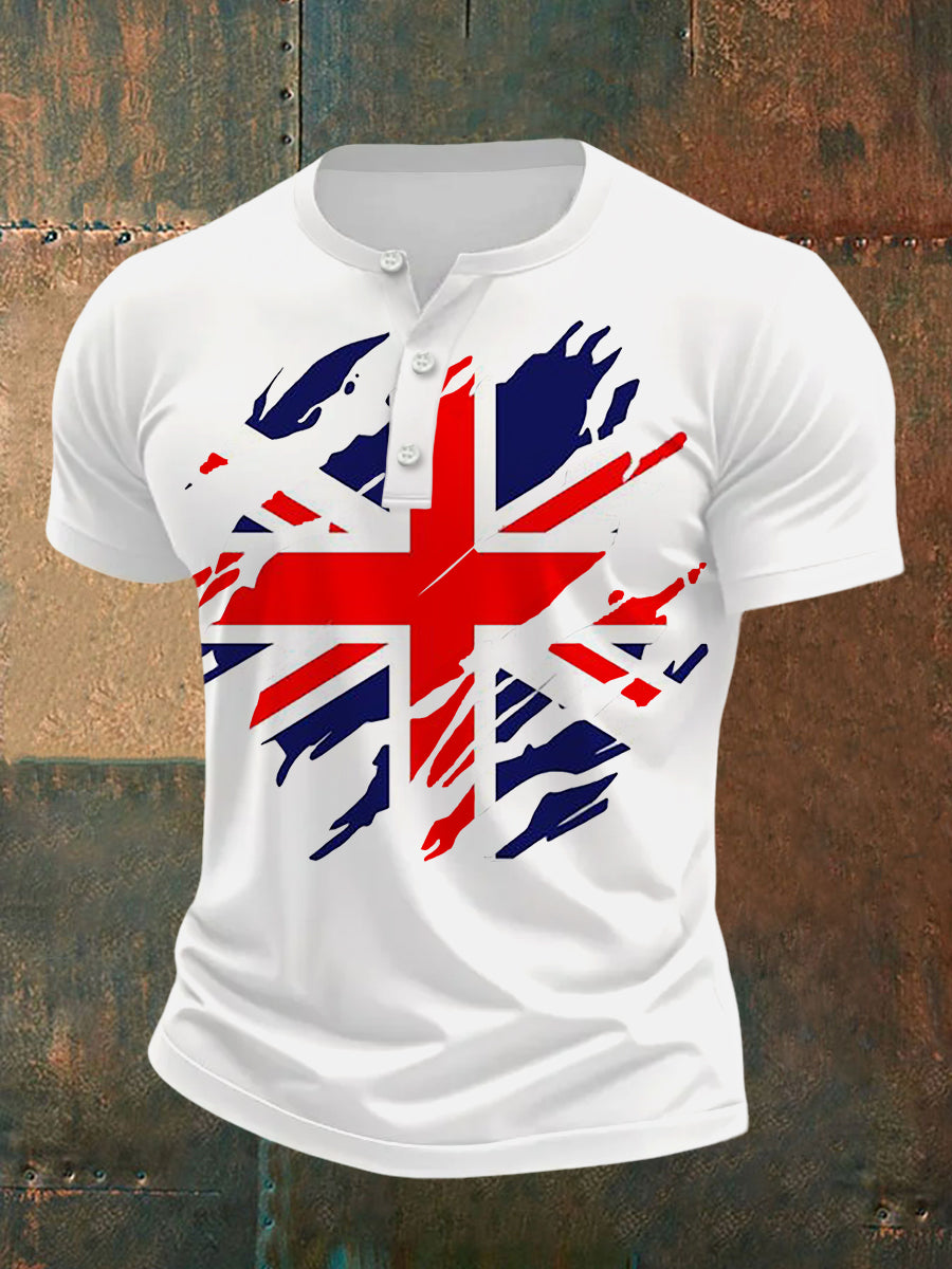 Men’s UK Flag Print Casual Henley Neck Tee White / S