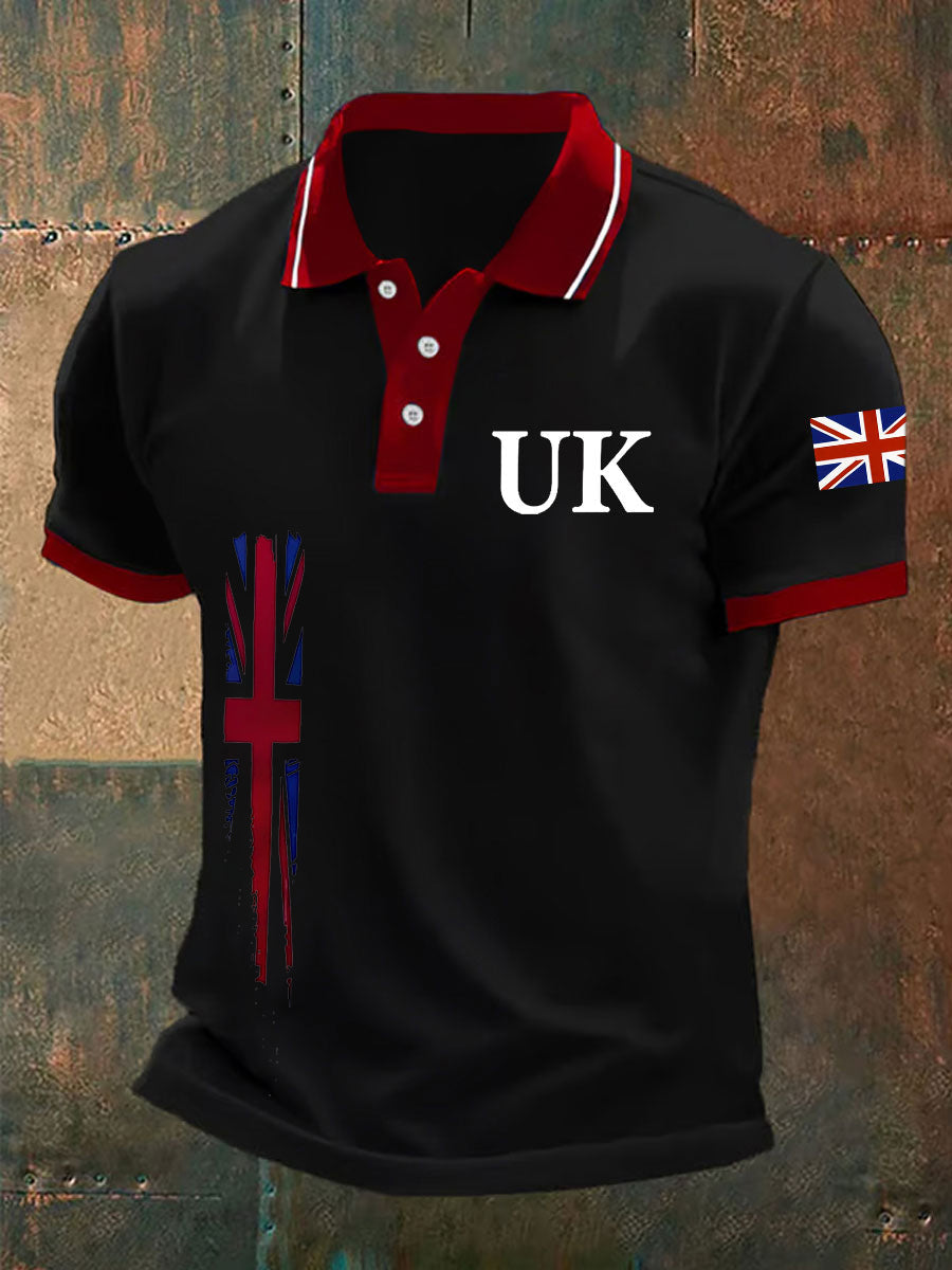 Men’s UK Flag Print Casual Polo Black / S