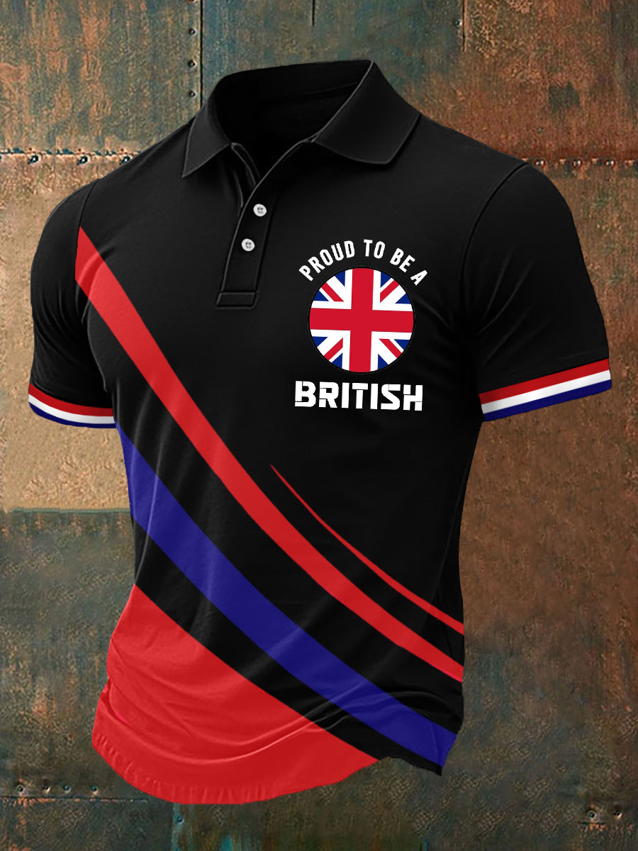 Men’s Proud To Be A British UK Flag Print Casual Polo Black / S