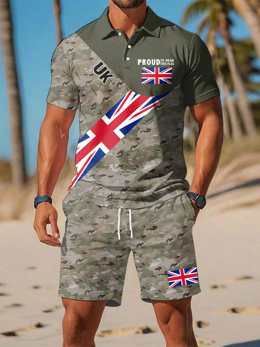 Men’s Proud To Wear This Flag UK Flag Camouflage Print Casual Two-Piece Polo Sets Army Green / S