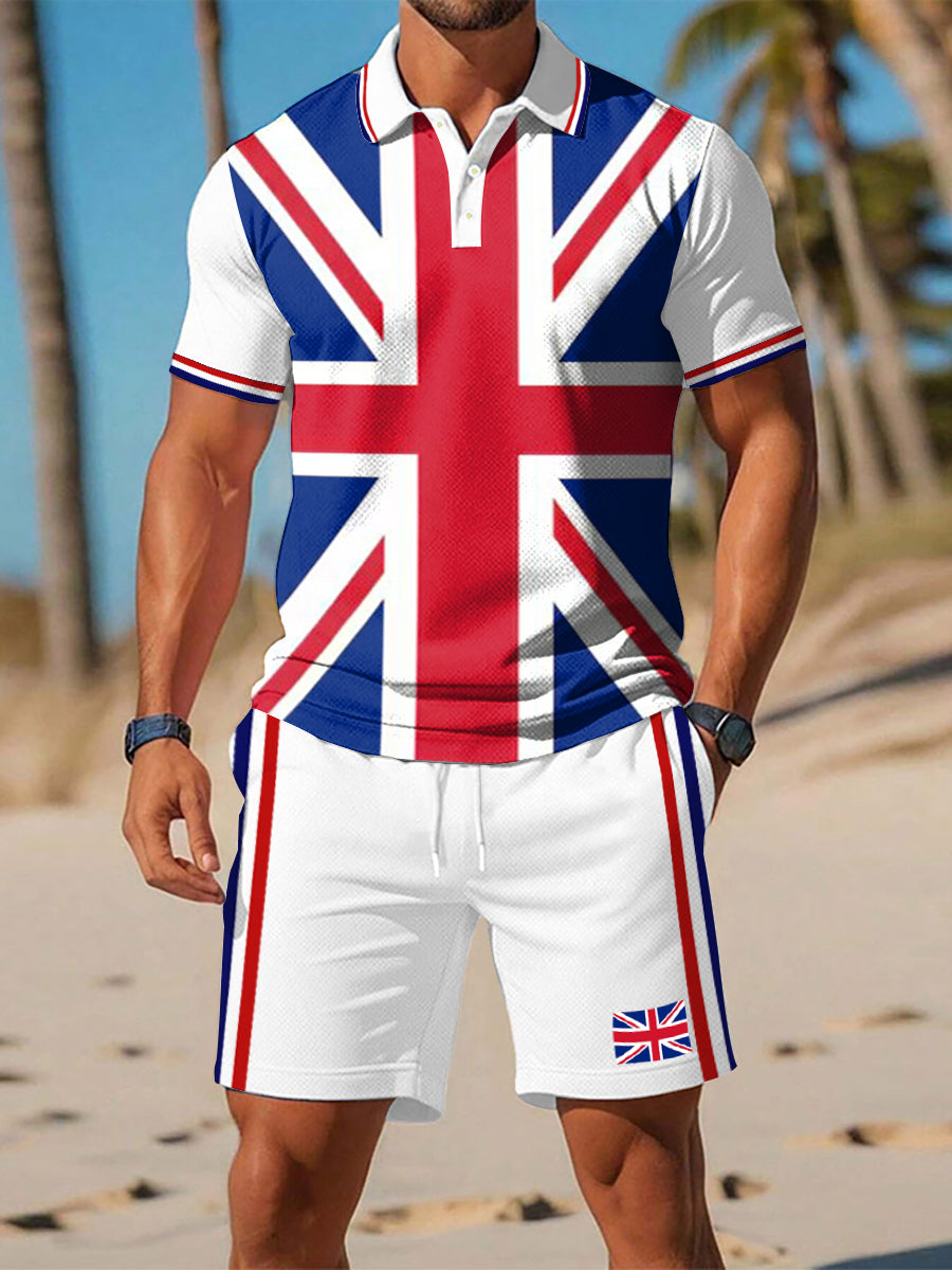 Men’s UK Flag Print Casual Two-Piece Set White / S