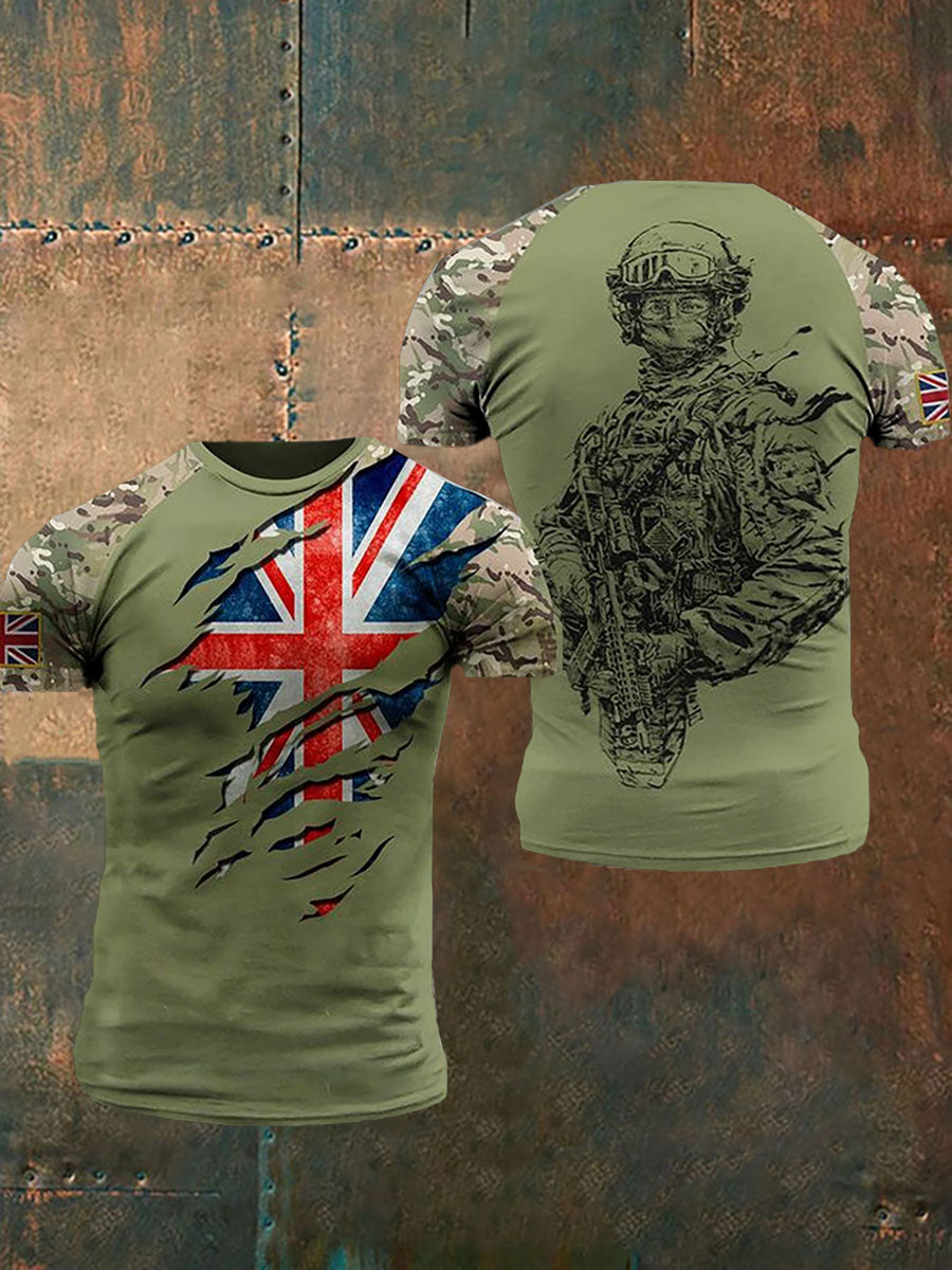 Men’s UK Flag Printed Casual Short Sleeve T-shirt Army Green / S
