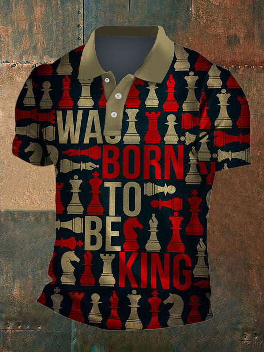 Men’s Chess Print Polo Neck Plunger Short Sleeve T-Shirt Navy Blue / S