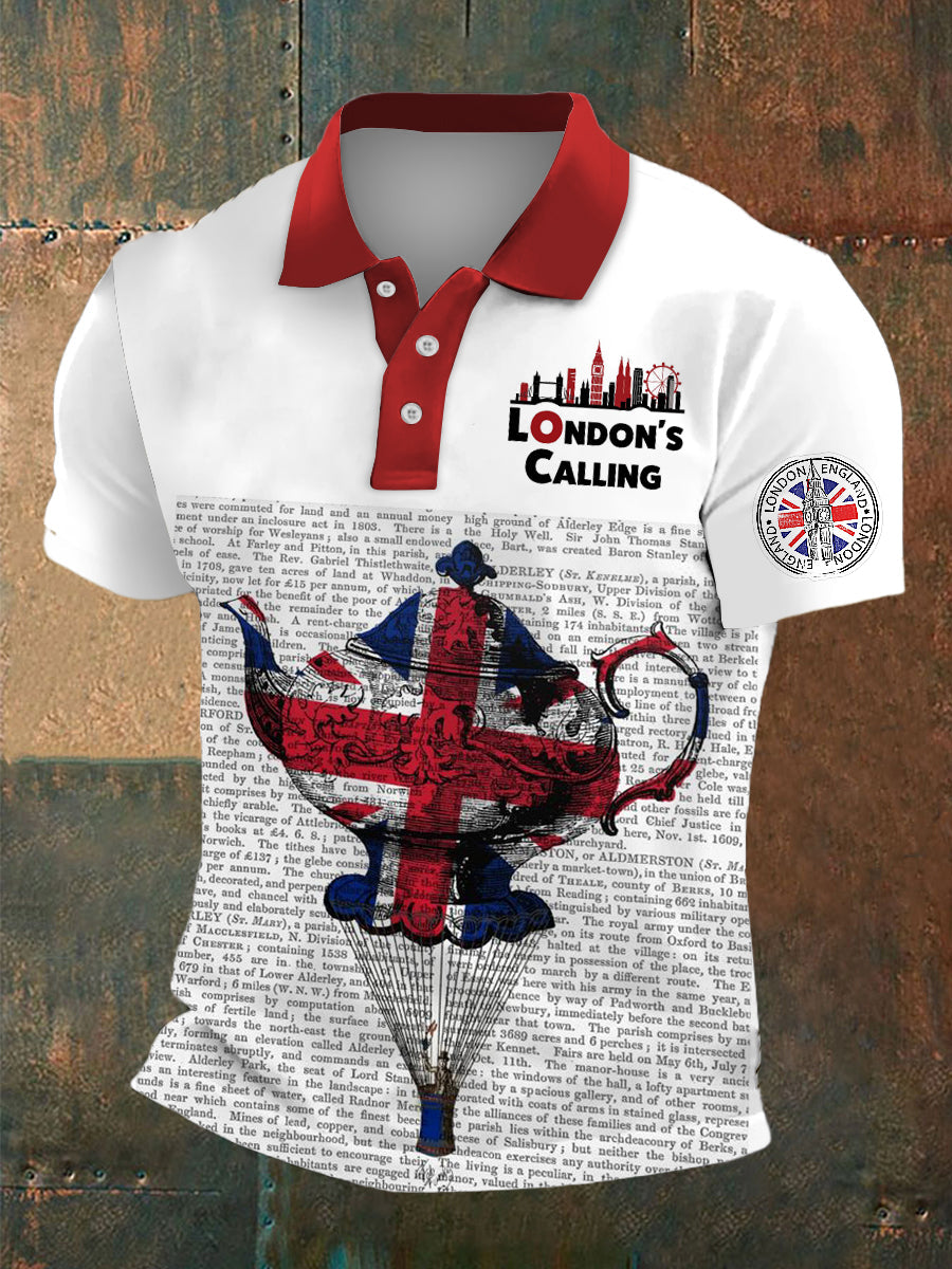 Men’s British Teapot Print Polo Neck Plunger Short Sleeve T-Shirt White / S