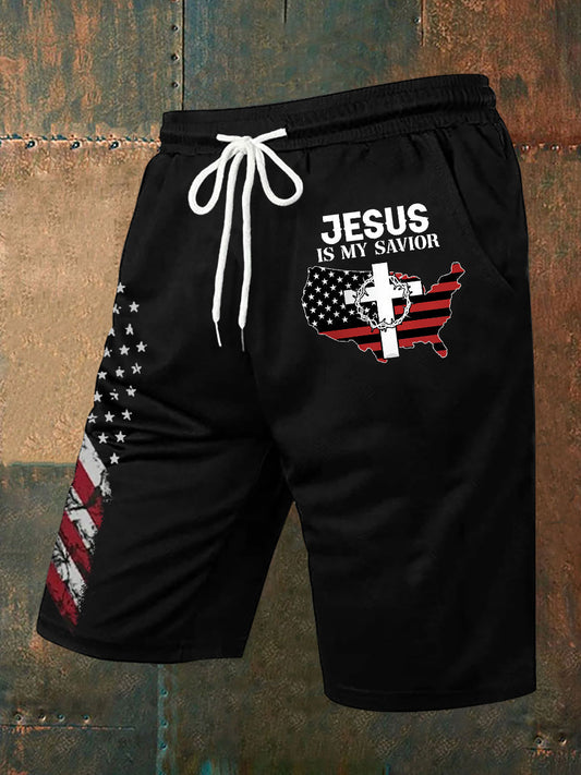 Men’s Jesus Is My Savior American Flag Casual Shorts Black / S