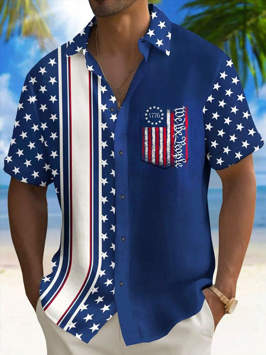 Men’s Independence Day Flag Print Casual Short Sleeve Shirt Blue / S