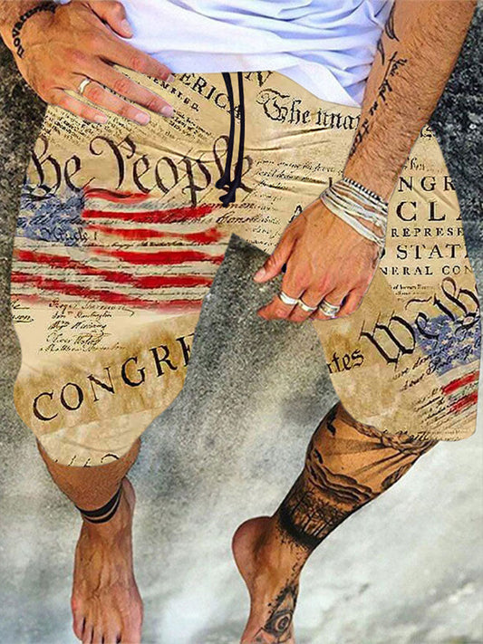 Men’s Independence Day Flag Print Casual Shorts Khaki / S