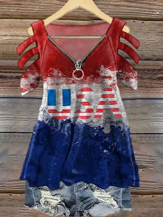 Women’s Independence Day Flag Print V-neck T-shirt As picture / S