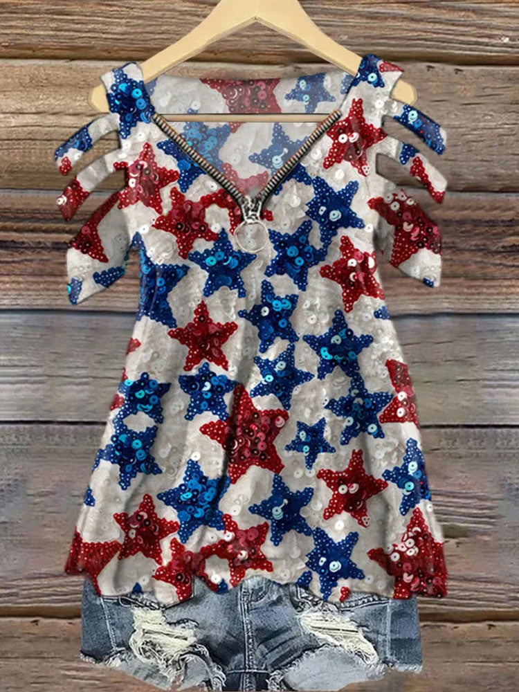 Women’s Independence Day Flag Print V-neck T-shirt As picture / S