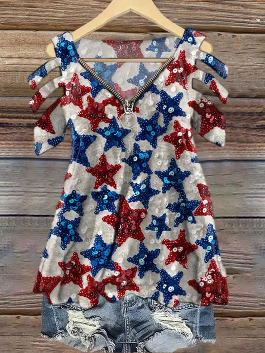 Women’s Independence Day Flag Print V-neck T-shirt As picture / S